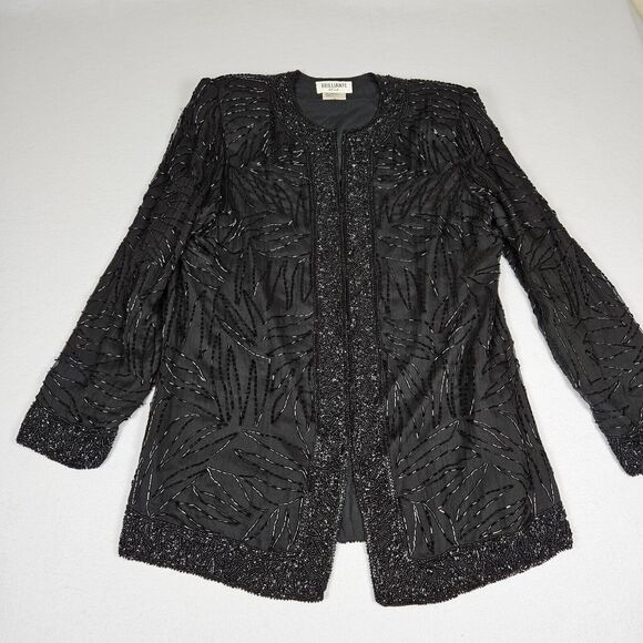 Vintage Beaded Silk Jacket Duster Coat Large Elegant Black Party Wedding Blazer - Picture 15 of 16